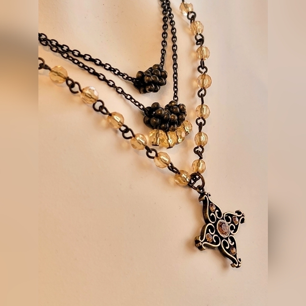 Cookie Lee Neutral Tone Crystal 3 Strand Brass Rhinestone Steampunk Necklace